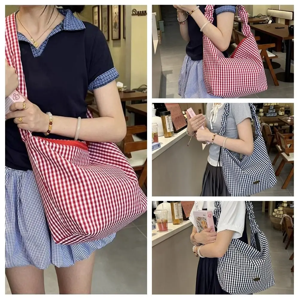 

Casual Y2k Plaid Shoulder Bag Pleated Korean Style Canvas Crossbody Bag Drawstring Shoulder Strap Underarm Bag Girls