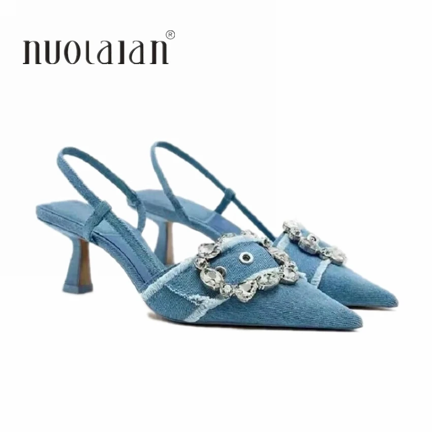 Kobiety sandały z wysokimi obcasami moda dżinsowa kryształ górski brokat Slingback kobiety czółenka szpiczaste palce wysokie obcasy eleganckie buty