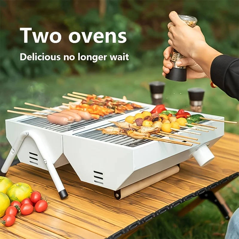 Portable Stainless Steel Charcoal Grill, Foldable Outdoor BBQ Stove, Mini Camping Grill for Picnics and Tailgating, Dual Chamber