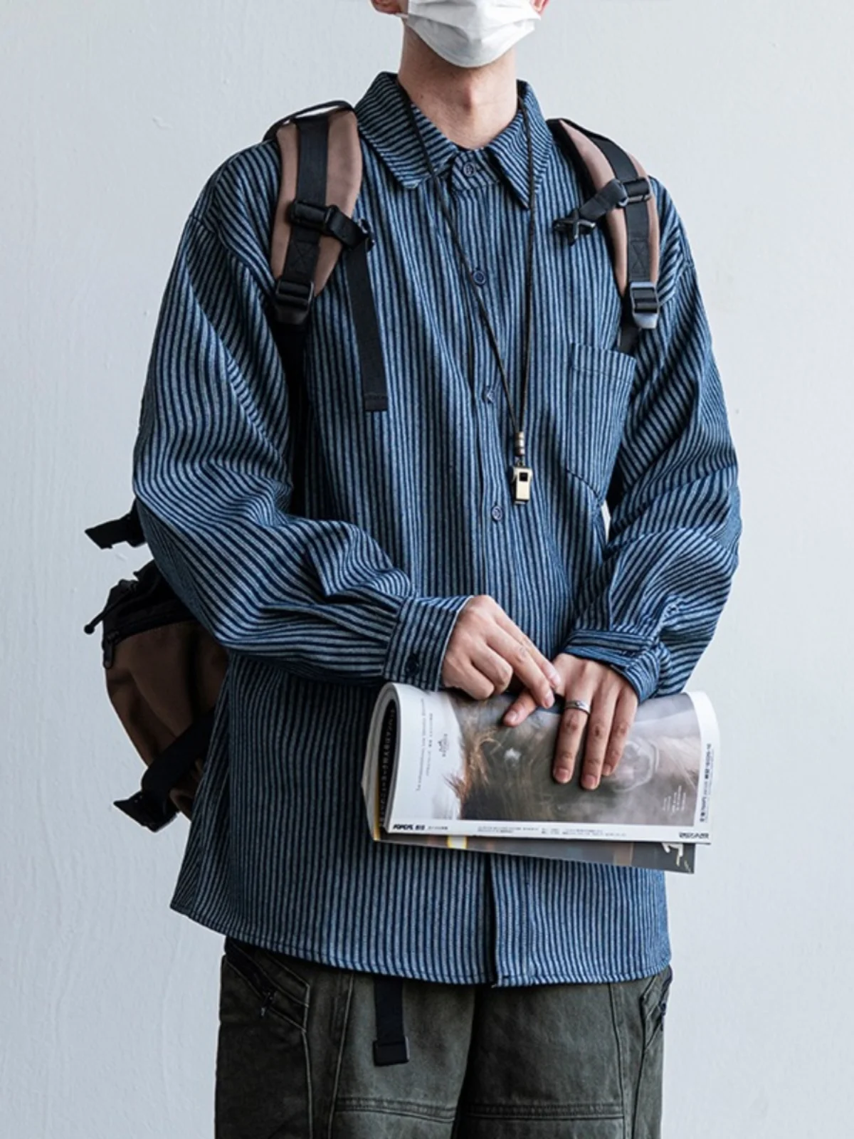 

Retro Japanese Waed Striped Long Sve Casual irt Men's Spring Autumn Loose Large Size Workwear Jaet Youth Faion