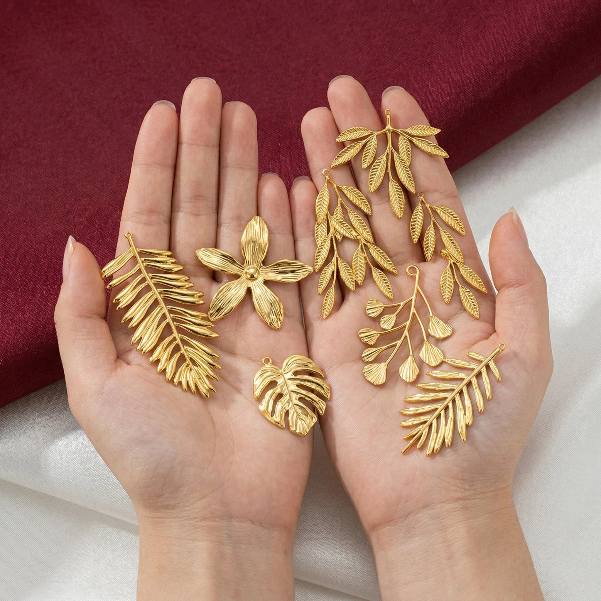 2 Stück Edelstahl-Anhänger in Form großer Blätter und Blumen für die Schmuckherstellung, Sommer-Vintage-DIY-Anhänger, Halsketten-Accessoires zur Dekoration – Detail 2