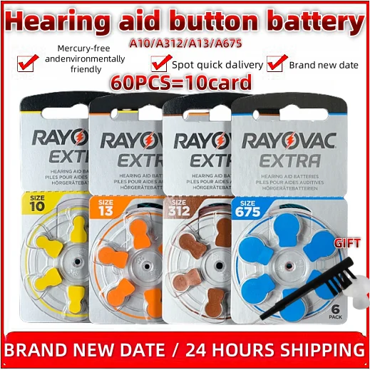 60pcs Rayovac Extra Hearing Aid Batteries A10 A13 A312 A675 Zinc Air 1.45V Zinc Air Batteries For BTE CIC RIC Sound Amplifier