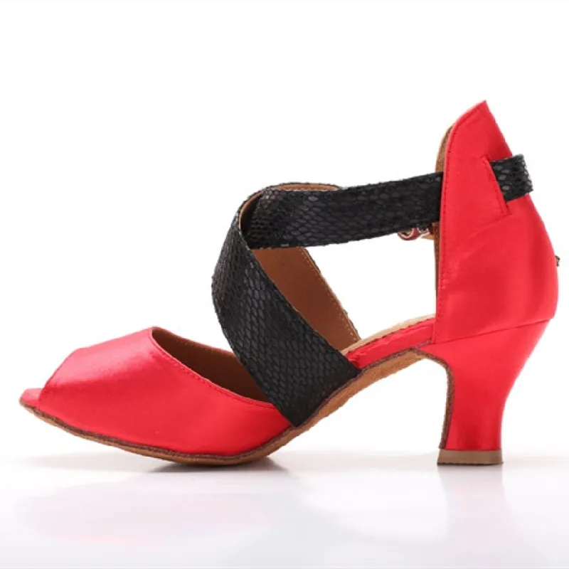 Women Latin Dance Shoes Red Satin Cross Strap 6cm Low Heel Suede Outsole Professional Ballroom Salsa Tango Party Dancing Shoes
