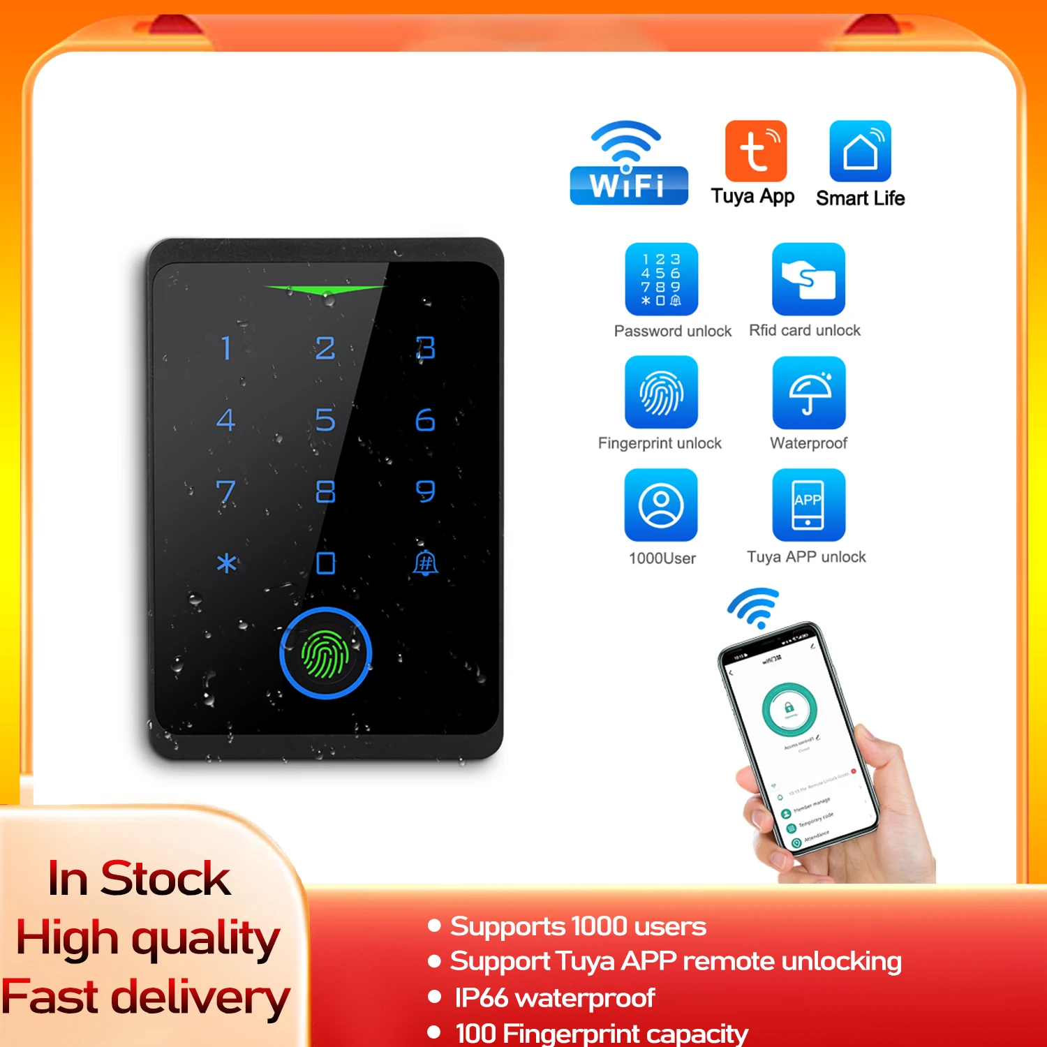WiFi Tuya Fingerprint Access Controller RFID Keypad Outdoor Waterproof Smart Door Lock Reader Touch Backlight