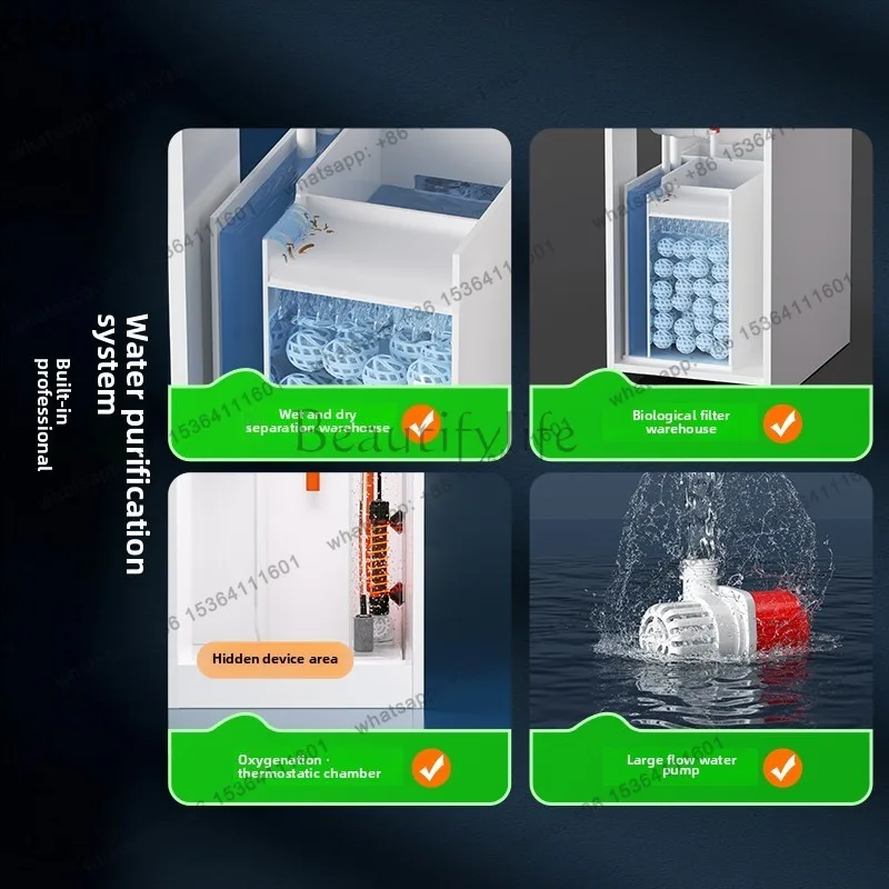 Fish Tank Bottom Filter System Complete Set of Integrated Cabinets, Living Room Glass Ultra-white Stream Sleeve Tank