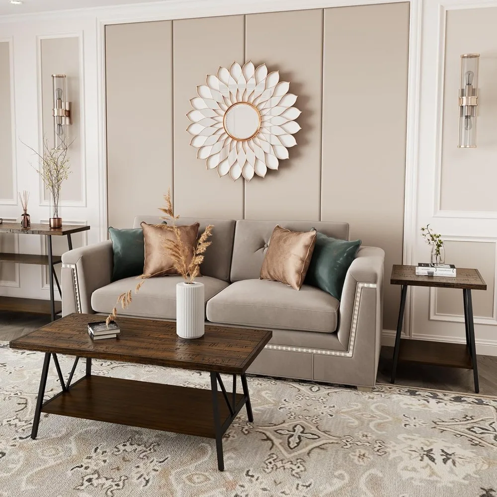 Industrial Wood Table Set for Living Room, Coffee Table and Side Table with 2-Tier Storage Shelves for Bedroom, Office - Black M