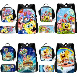 3 pcs set Cute cartoon Spongebobs Child School Backpack with Lunch Bags ,Pencil Bags ,School Bags for Boys Girls Best Gift