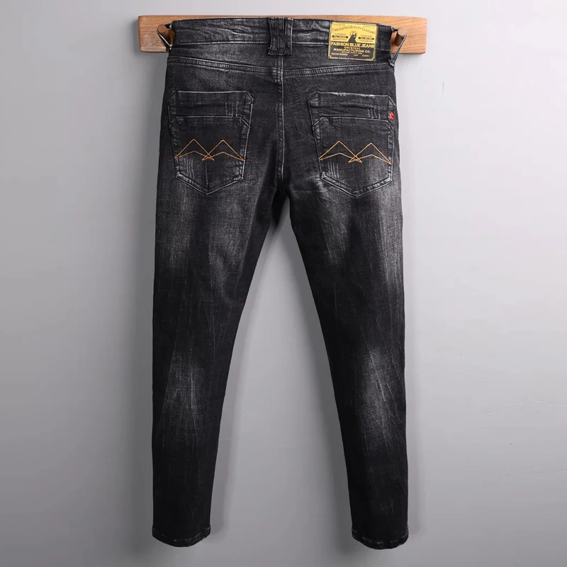 Italian Style Fashion Men Jeans Retro Black Gray Stretch Slim Fit Ripped Jeans Men Embroidery Designer Y2K Vintage Denim Pants