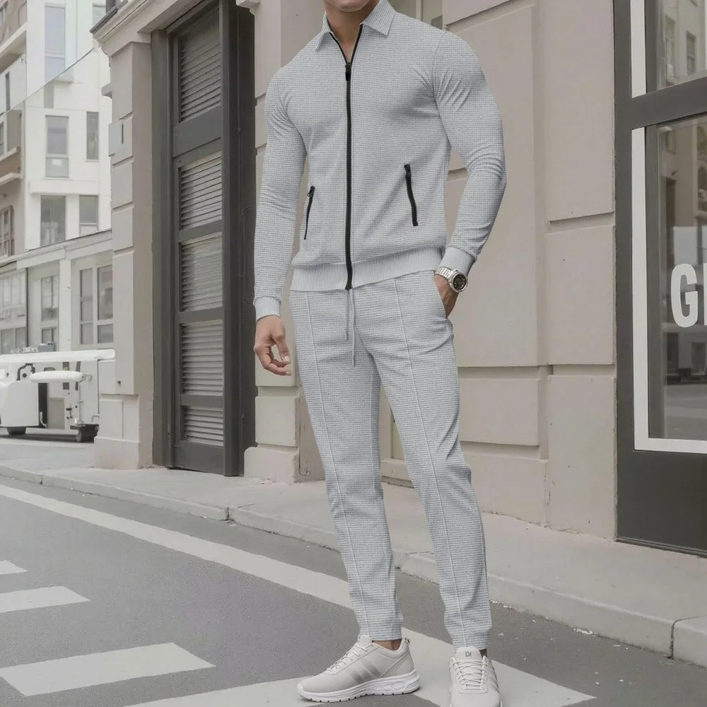 

Men's Casual Suit Long Sleeved Pocket Zipper Sweater Jacket Long Pants Two-piece Set Solid Color Simple Daily Vacation Clothing