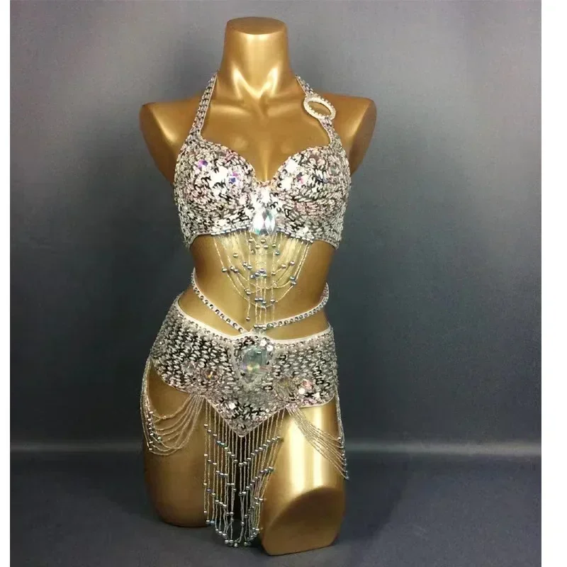 

Carnival Adult Women's Costume Beads Sequins Belly Dancing Bra and Belt Set Samba Wear Gold Oriental Show Stage Wear Singer