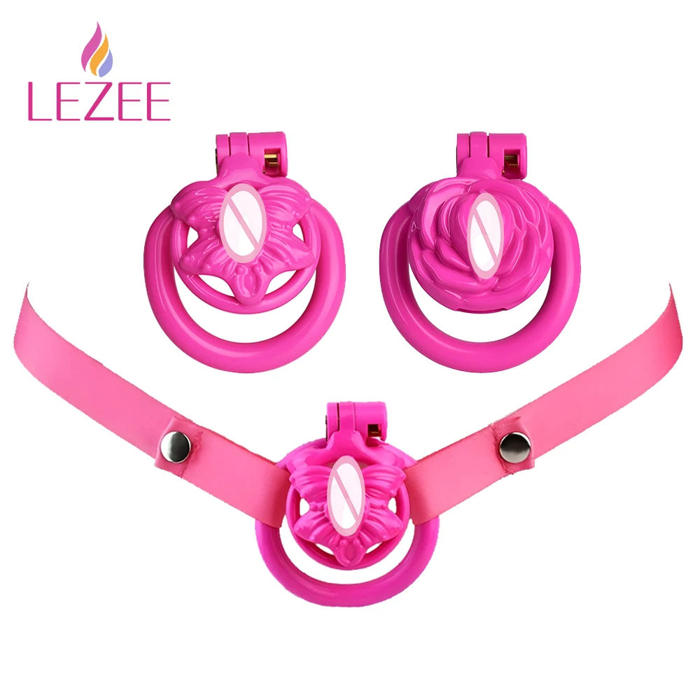 

LEZEE Resin Male Chastity Cage Lock Rose Butterfly Desgin Urethral Cock Rings With Belt Imitation Clitoris BDSM Sex Toys For Men