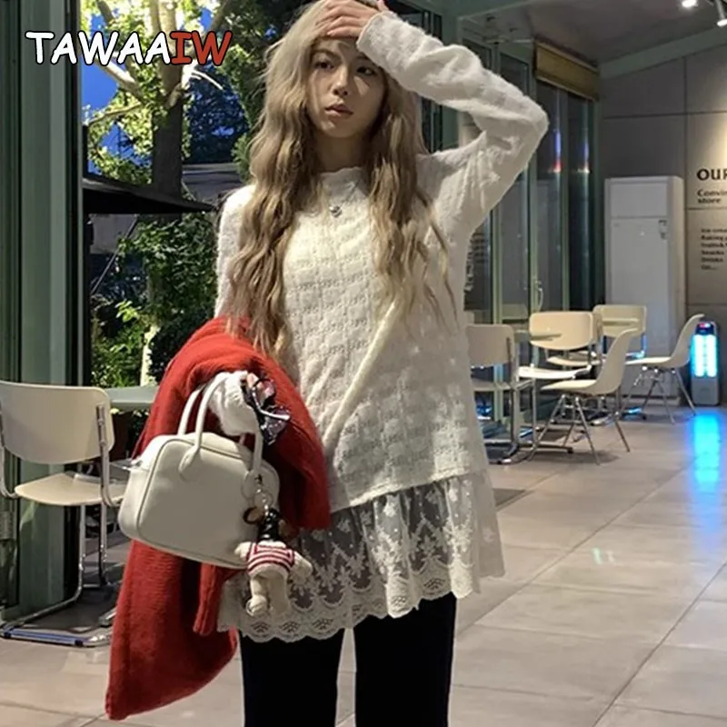 

Tawaaiw Fairycore Лоскутная кружевная футболка Женская одежда Длинная водолазка Корейская мода Осенние топы Футболки с длинными рукавами Женские Y2k