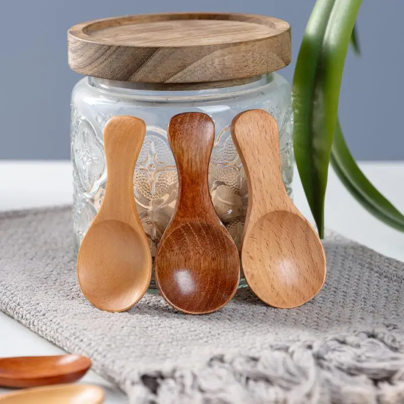 1pcs Mini Wooden Spoons Camping Spice Condiment Spoon Coffee Sugar Teaspoons Kids Short Handle Wood Scoops Home Tableware