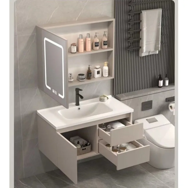 Economic cream wind honeycomb aluminum bathroom cabinet with intelligent beauty mirror and ceramic integrated washbasinin
