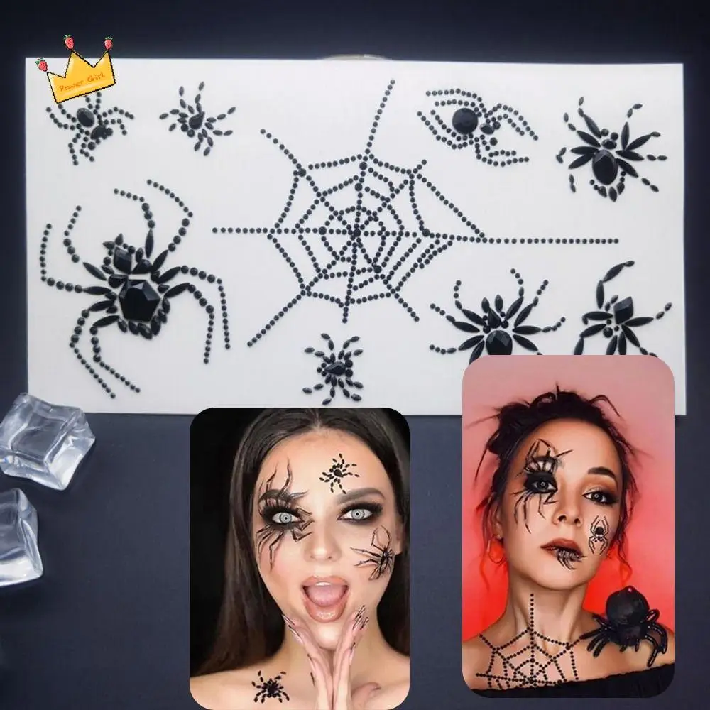 

3D Halloween Temporary Tattoos Black Waterproof Halloween Face Rhinestone Sticker Spider-themed Shiny Jewelry Face Sticker