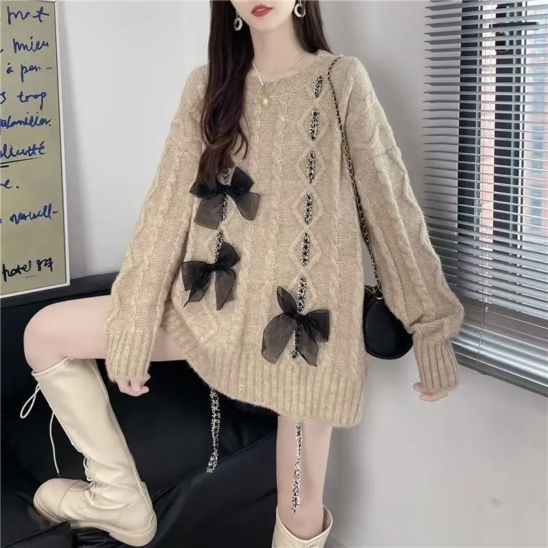 DAYIFUN-Women's Mid Length O-Neck Sweater Casual Knitted Pullovers Contrast Color Splice Bow Design Autumn Fashion Lazy Jumpers