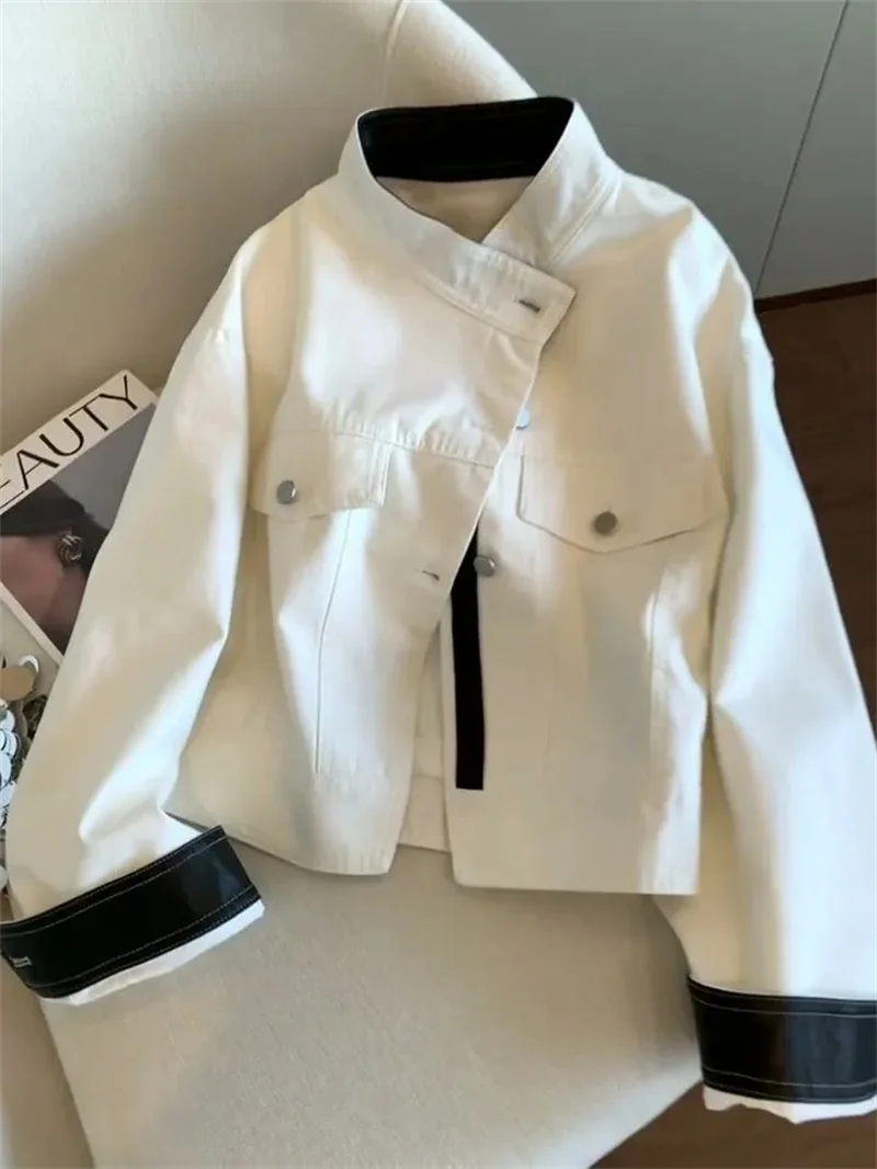 Women's Jacket Fashion Retro Contrast Collar Single-breasted Tooling Jacket Womens Autumn Loose Casual Joker Denim Jacket Coat