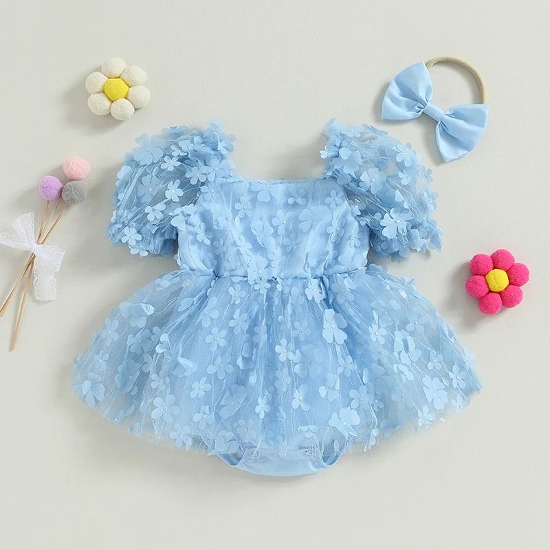 Summer Baby Girls 3D Flower Romper Princess Mesh Newborn Clothes Lace Patchwork Ruffle Bodysuit Dress Headband Infant Clothing