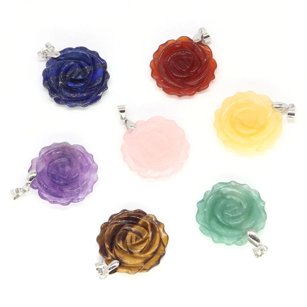 25mm Rose Flower Pendant Natural Healing Crystal Stone Carving For Quartz Jewelry Making Necklace Valentine Love Gifts Wholesale