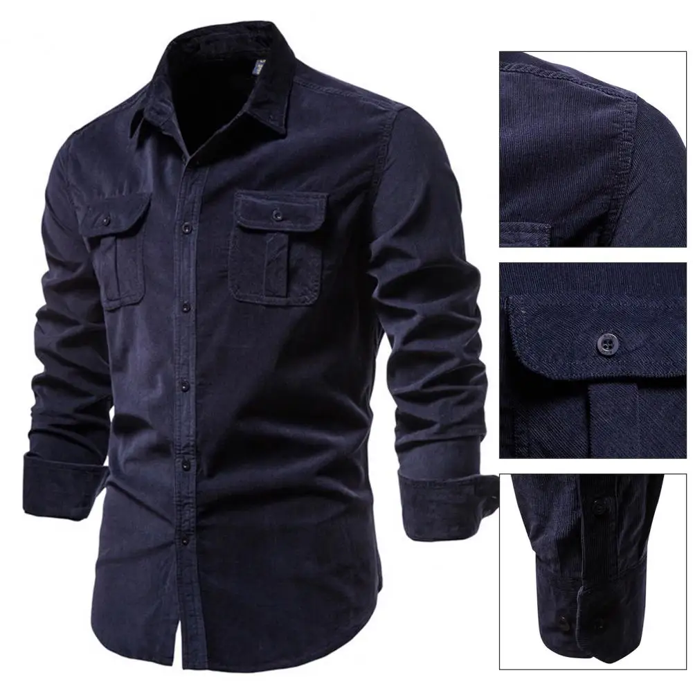 Stylish Men Shirt All Match Single-breasted Simple Slim Button Decor Spring Shirt  Winter Shirt Two Pockets