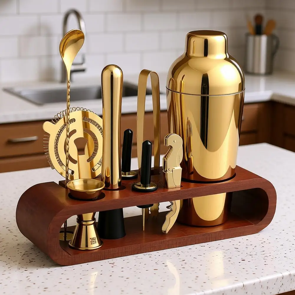 

Набор для приготовления коктейлей с бамбуковой подставкой - 10 предметов - Полный комплект для бармена - Набор для смешивания коктейлей для дома (золотой)