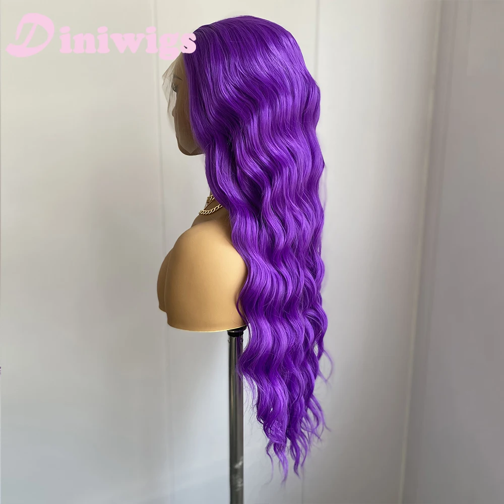 Diniwigs الأرجواني شعر مستعار موجة فضفاضة طويلة الدانتيل الجبهة بيروكات صناعية شعري طبيعي الاستخدام اليومي شعر مستعار للنساء ألياف مقاومة للحرارة