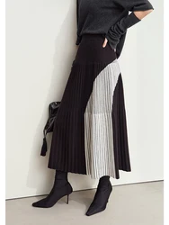 AMII Minimalist Patchwork Knitted Skirts for Women 2024 Winter Pleated Elastic Waist Pleated Sesame Bottom Midi Skirt 12414023