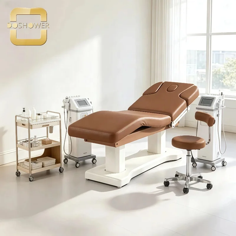 Brown Electric Beauty Spa Bed with High Density Sponge Beauty Massage Facial bed with Adjustable Backrest Massage Lounger Bed