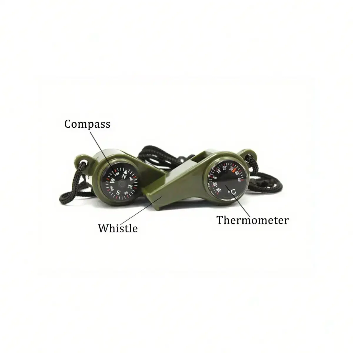 Three-in-One Emergency Survival Whistle, equipped with a compass and thermometer, suitable for outdoor activities