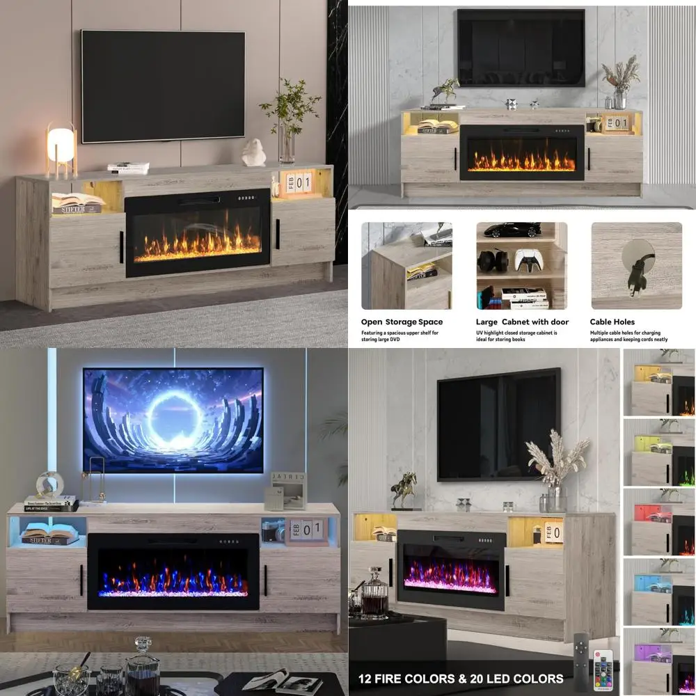 

Contemporary LED-Illuminated Electric Fireplace TV Stand - Entertainment Center for 80 TVs - Modern Living Room Console