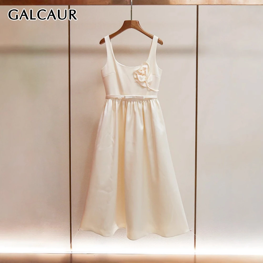 

GALCAUR Beige Spliced Flowers Female Dress Round Neck Sleeveless High Waist Slimming Basics Women's Dresses Fashion Summer Style