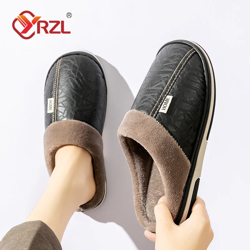 

YRZL/зимние повседневные мужские тапочки большого размера, домашняя непромокаемая домашняя обувь из искусственной кожи, теплая модная домашняя обувь на меху на плоской подошве для спальни