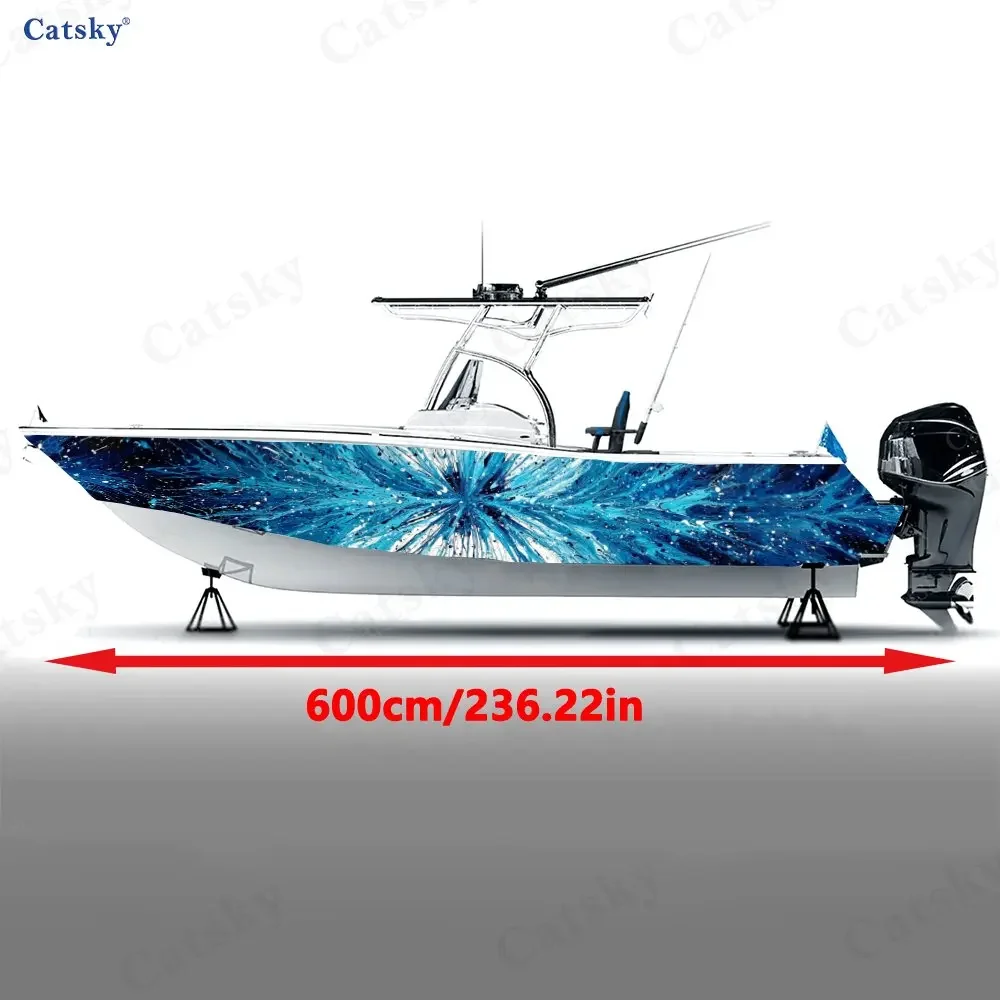 2Pcs Ice Blue Splash Ink Radiant Boat Stickers, PVC Waterproof Vinyl Wrap Decals for Fishing Boats, Durable and Stylish Design