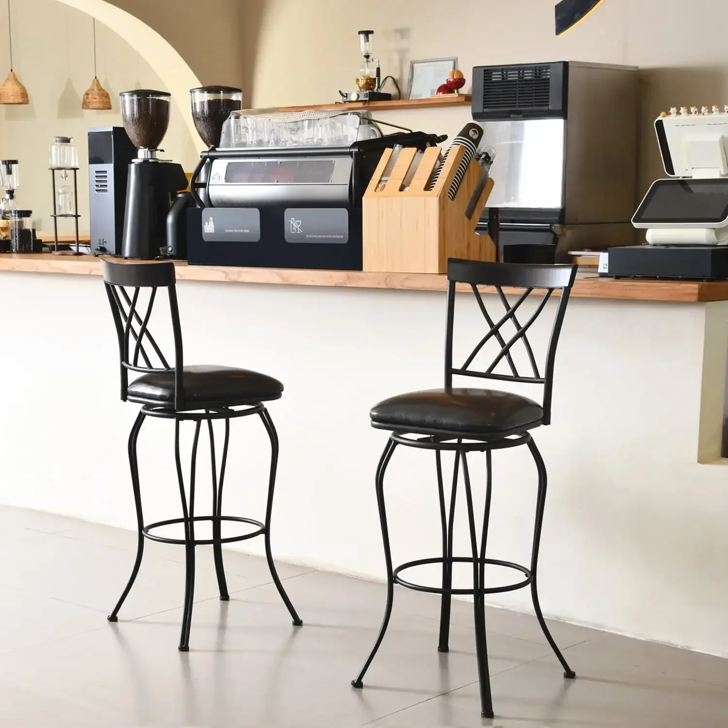 Conjunto de 2 bancos de bar de 30 polegadas, bancos giratórios acolchoados para ilha de cozinha, preto