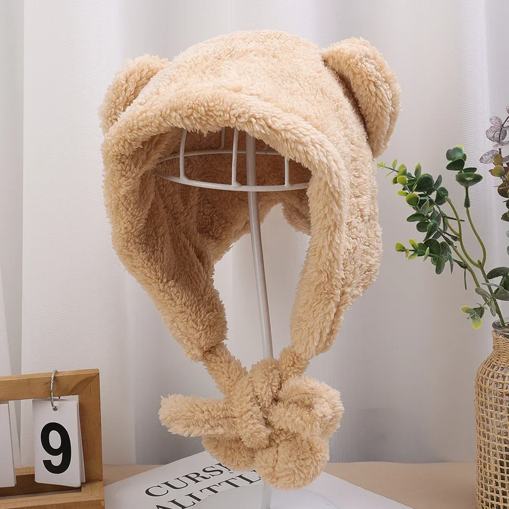 Girl Knit Ear Protection Hat Cute Bear Women Earmuffs Cap Woolen Crochet Bonnet Solid Color Hood Beanies Winter Warm Hats