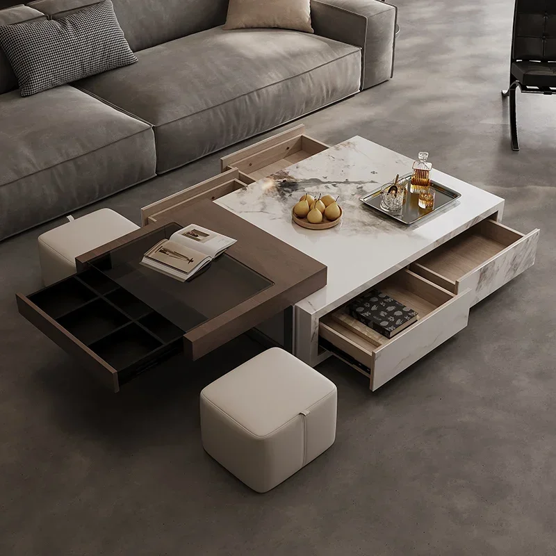 Desk Square Luxury Modern Wooden Italian Minimalist Rock Slab Coffee Tables Side Table Sedentary Home Living Room Furniture