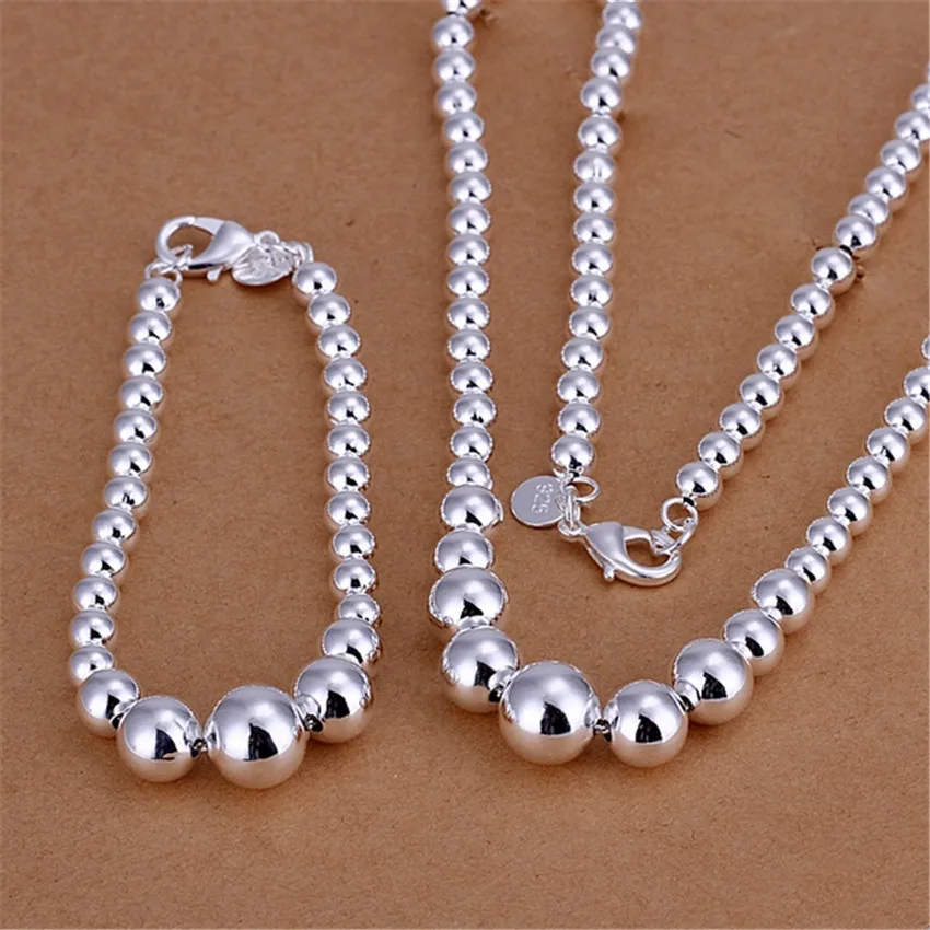 

925 Sterling Silver Women's Wedding Classic Buddha Bead Necklace Bracelet Fashion Charm Jewelry Round Set