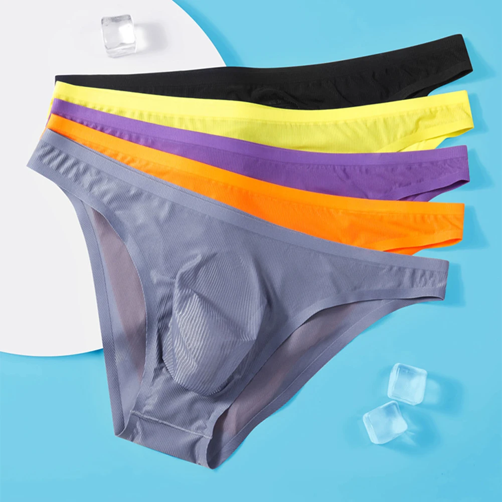 Tanga Sexy de seda helada sin costuras para Hombre, calzoncillos ultrafinos transparentes, suspensorio, ropa interior para Hombre, calzoncillos con bolsa convexa en U