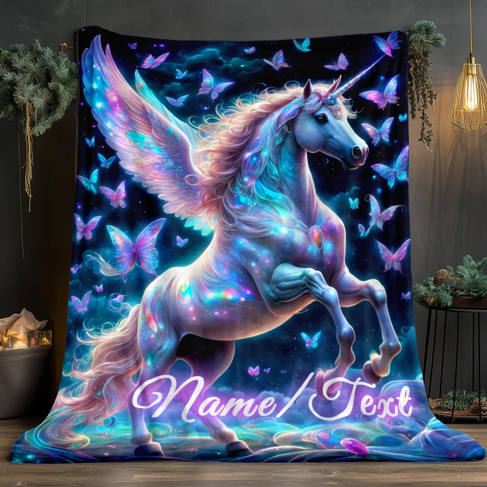 1pc Custom Name Unicorn Butterfly Blanket, Soft Flannel Bedding for Sofa, Bed, Travel, and More, Lightweight, Warm