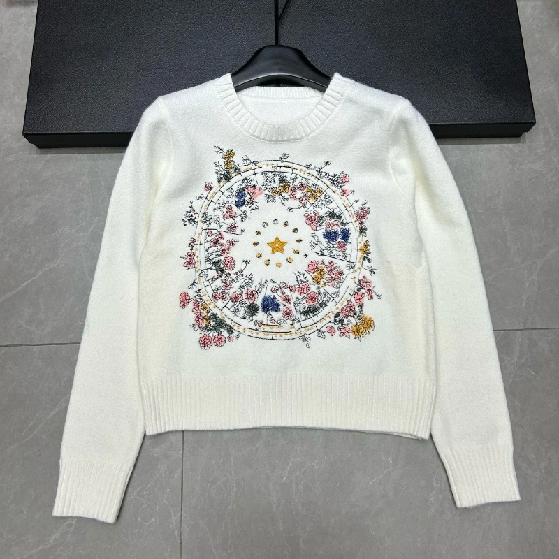 

2025 Autumn Winter Embroidered Knit Pullovers Sweater Women Vintage Fashion O-neck Long Sleeve Chic Knitwear Tops Ladies Jumpers