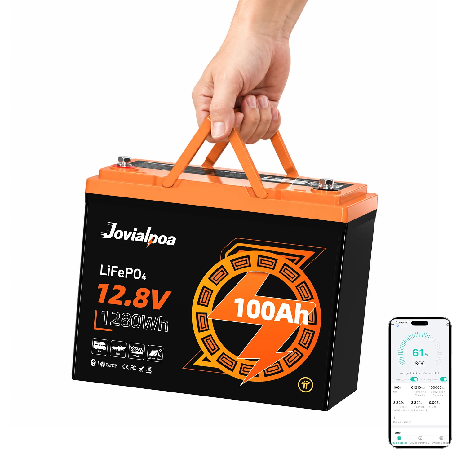 12V100Ah Bluetooth LiFePO4 Lithium Battery, Built-in 110A BMS, Low Temperature Cutoff Protection, Perfect for RV, Marine, Trolling Motor, LifePO4 Battery Off-Grid Solar & Home Backup Power, 5-Year Warranty, Certified CE FCC UL1973 RoHS