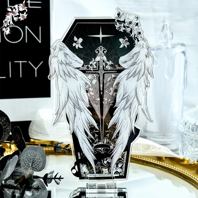 Fallen Angel Prayer Acrylic Character Stand Display Shaker Frame, Gothic Wing Card Holder, for Anime Kpop Collectibles Decor