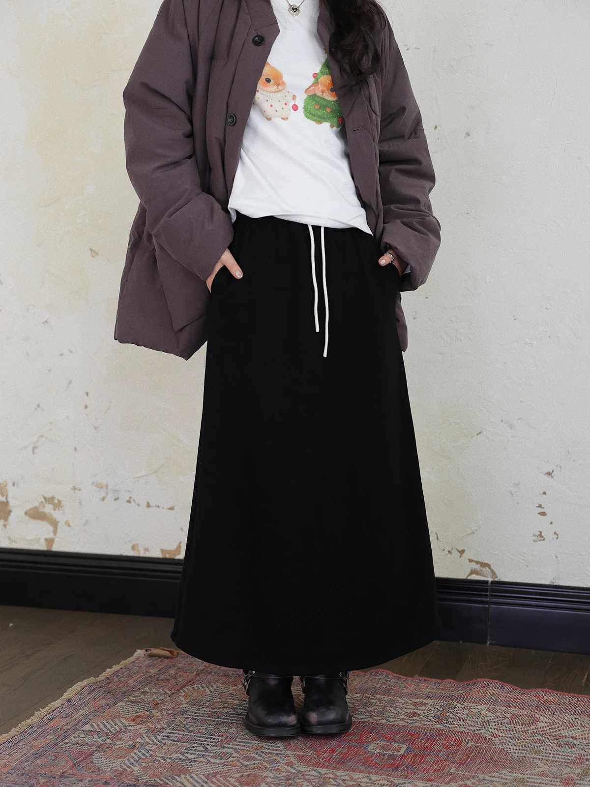 

High Waist A-Line Fce Lined Umbrella Skirt for Women Bla Slimming Versatile Winter Long Skirt Casual Loose Fit Skirt