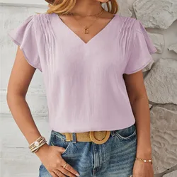 Women's Blouse 2024 Spring/Summer New V-neck Fashion Petal Sleeve Loose Top Casual Lady Solid Color Pullover Shirts Femme Blusas