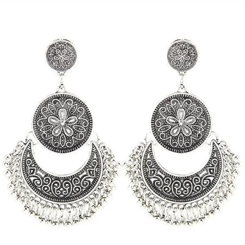 Delysia King Bohemia Women Geometric Alloy Tassels Earring Ethnic Crescent Carving Beads Dangler