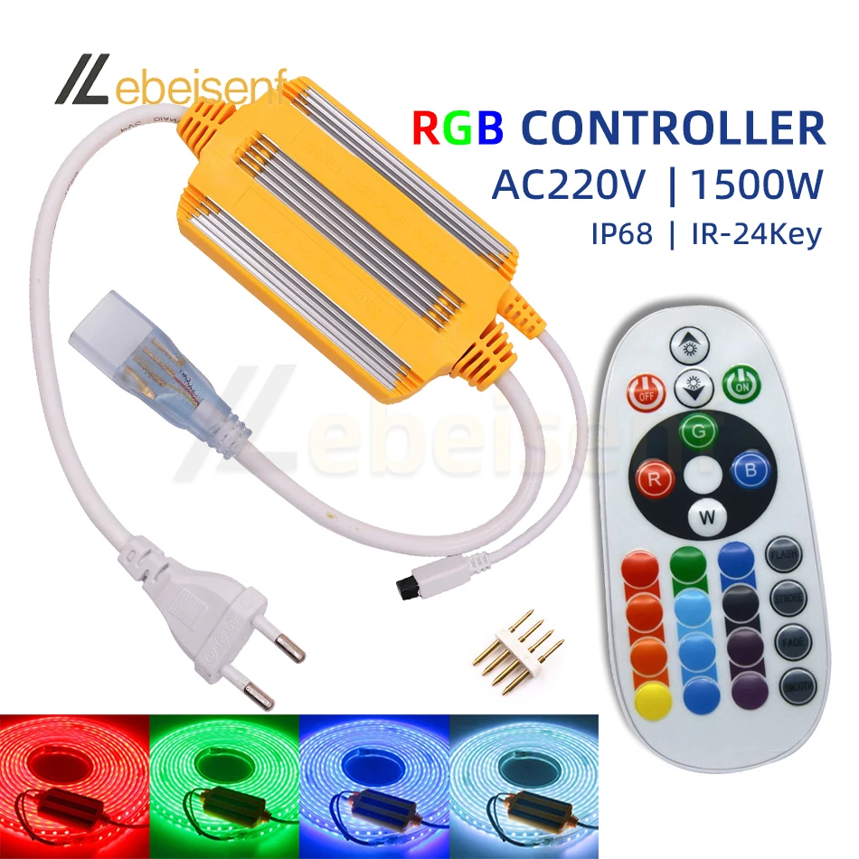 IR-24 Key Wireless Remote Control RGB Controller AC220V EU Plug 16 Color Lights Lighting Dimmer IP68 Waterproof 4-Pin 11mm 1500W