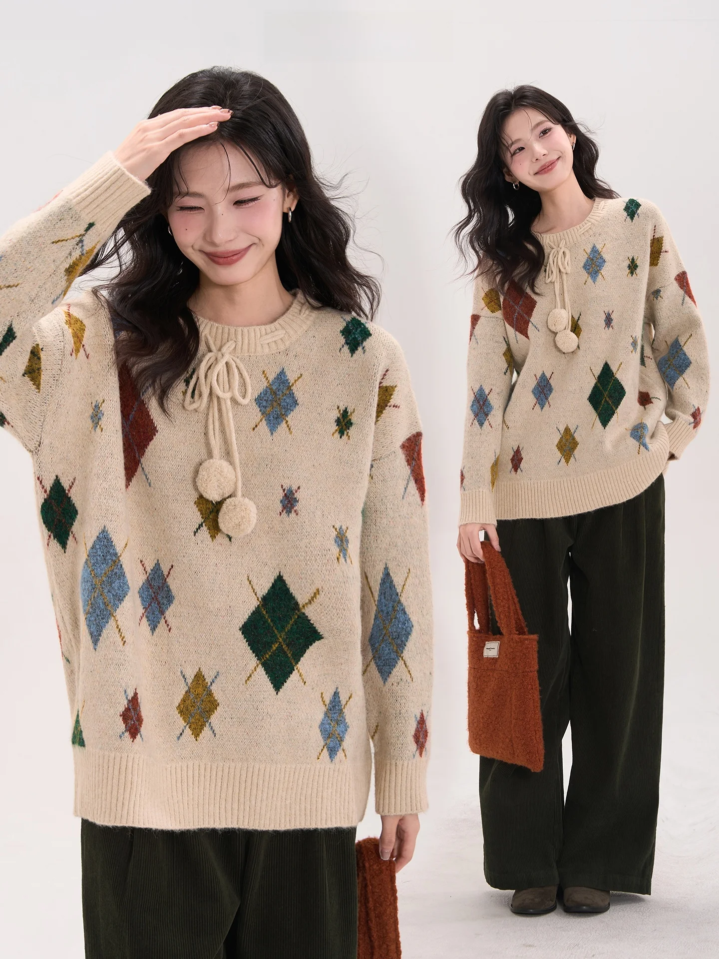 

Вязаный свитер Heme для женщин, осенне-зимний, средней длины, с завязками, мягкий, с эффектом апельсиновой корки, теплый, свободного кроя, с круглым вырезом