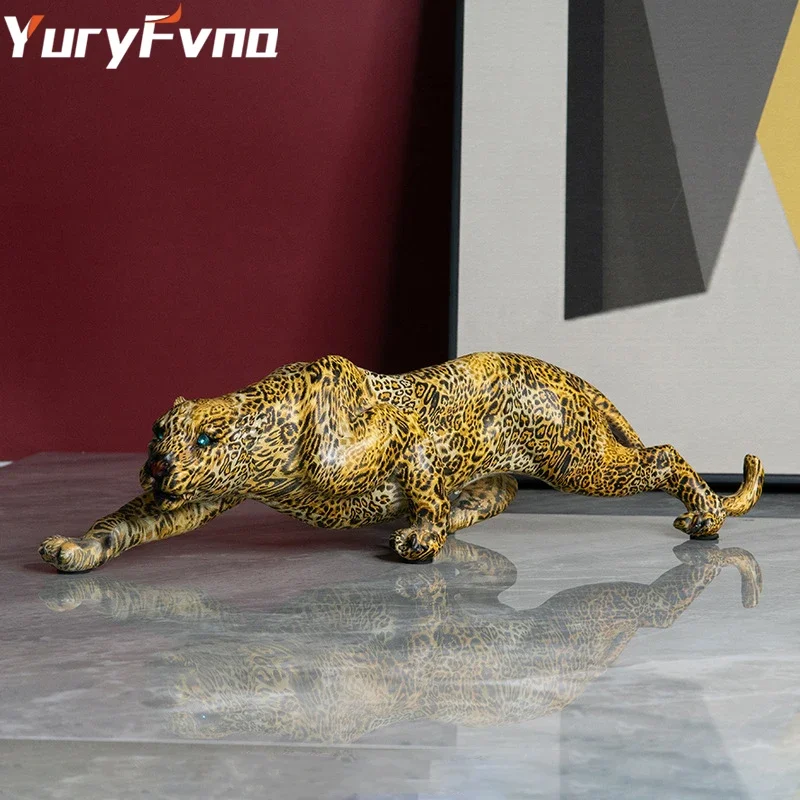 YuryFvna Modern Polyresin Cheetah Figurine Home Decor Realistic Antique Classical Leopard Statue Living Room Decor Ornament