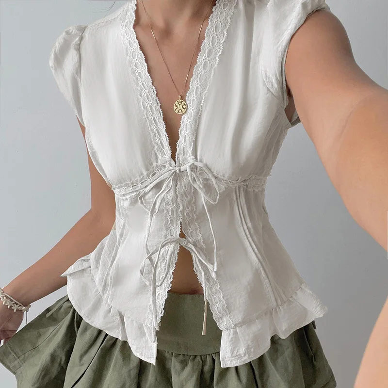 Y2K 하라주쿠 레이스 패치워크 레이스 트림 프론트 타이업 셔츠 여름 카와이 민소매 크롭탑 여성용 프레시 스윗 러플 엣지 탱크탑