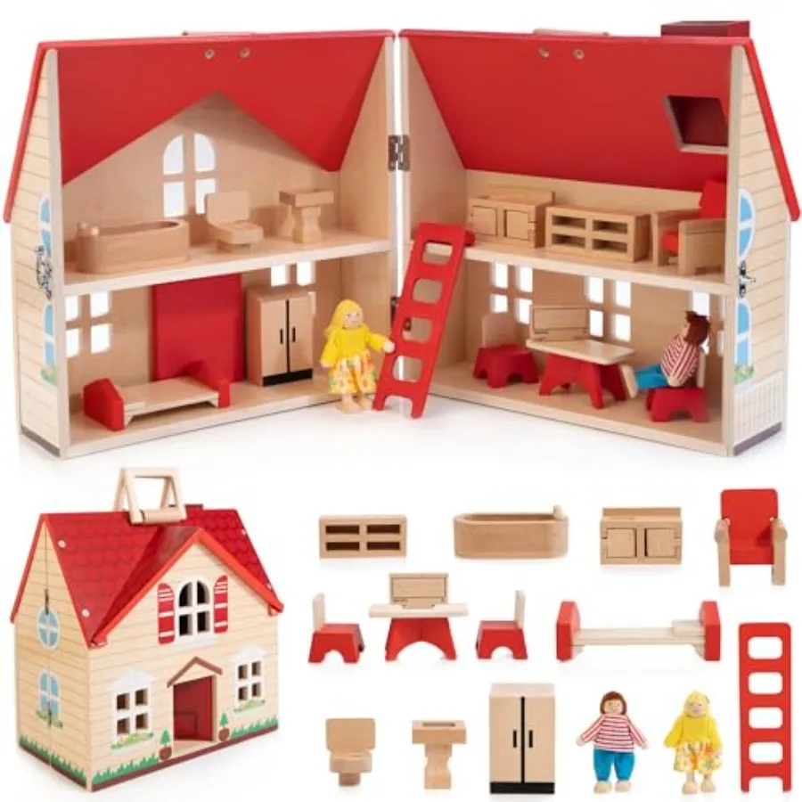 

Foldable Wooden Dollhouse for Pretend Play: 4 Rooms, 13PCS Furniture, 2 Flexible Dolls, Portable Handle, Natural Wood Finish, I